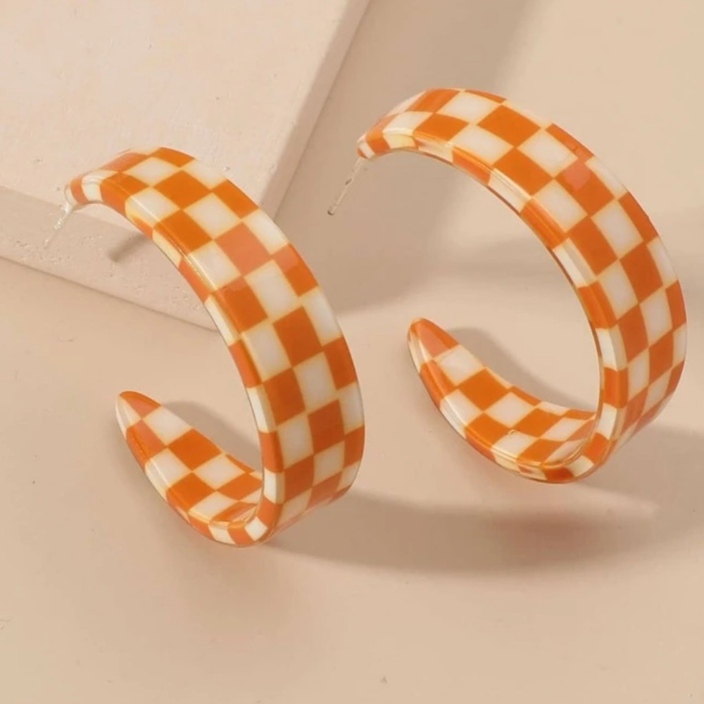 Orange checkered hoop earrings